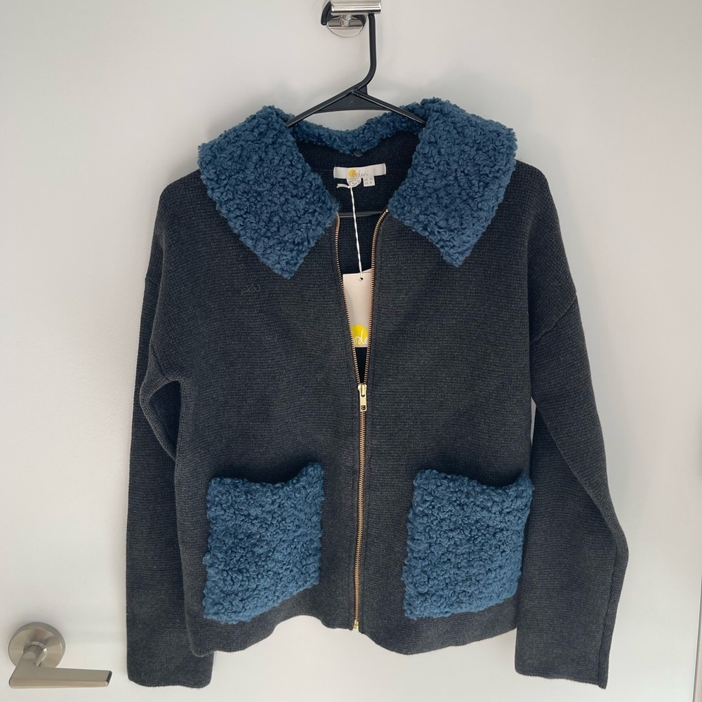 BODEN Cozy Grey Jacket with Blue Teddy Accents - Picture 1 of 7
